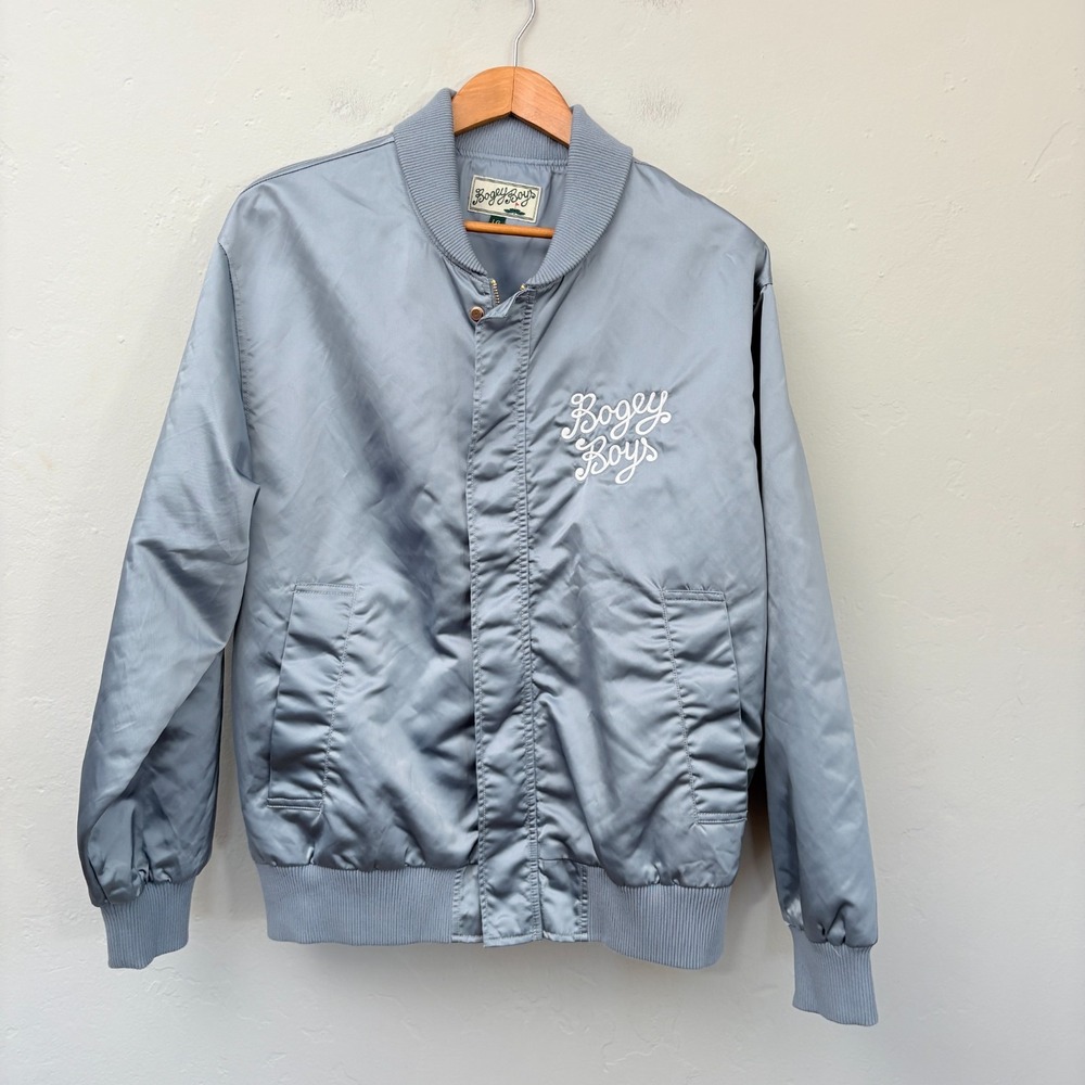 Bogey Boys Satin Bomber Jacket Men Size Large Blue Zip Up Embroidered FLAW